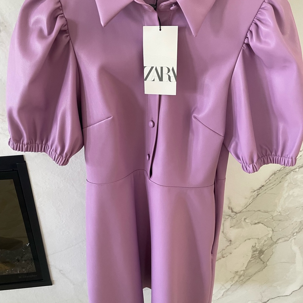 Zara Faux leather puff sleeve dress
